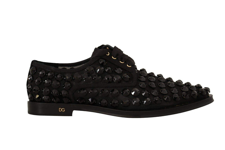 Dolce & Gabbana Black Lace Up Studded Formal Flats Shoes Black, Dolce & Gabbana, EU39/US8.5, feed-1, Flat Shoes - Women - Shoes at SEYMAYKA