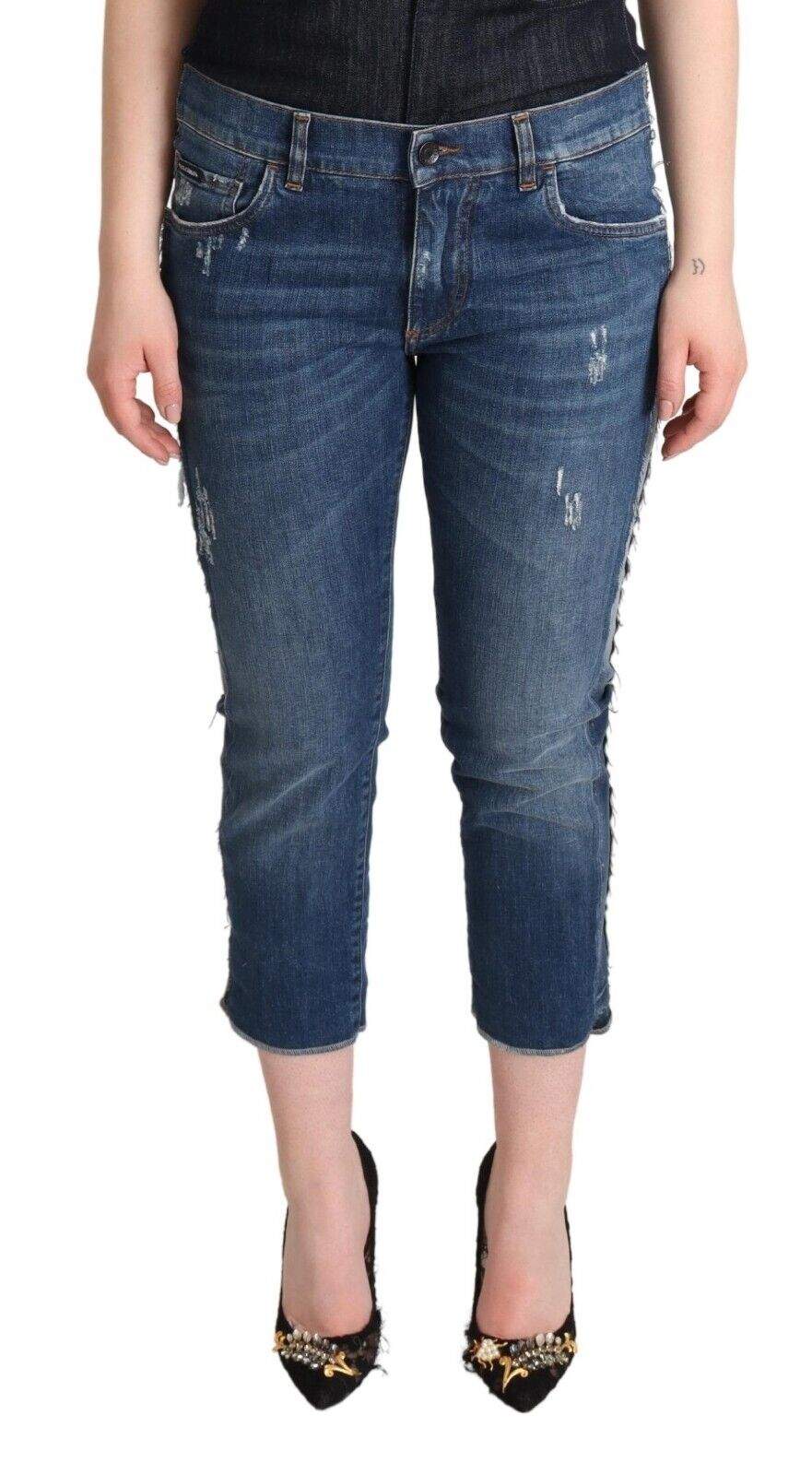 Dolce & Gabbana Blue Washed Mid Waist Denim Logo Cropped Jeans Blue, Dolce & Gabbana, feed-1, IT40|S, Jeans & Pants - Women - Clothing at SEYMAYKA