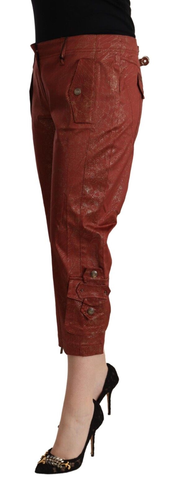 Just Cavalli Brown Lurex Mid Waist Cotton Cropped Capri Pants