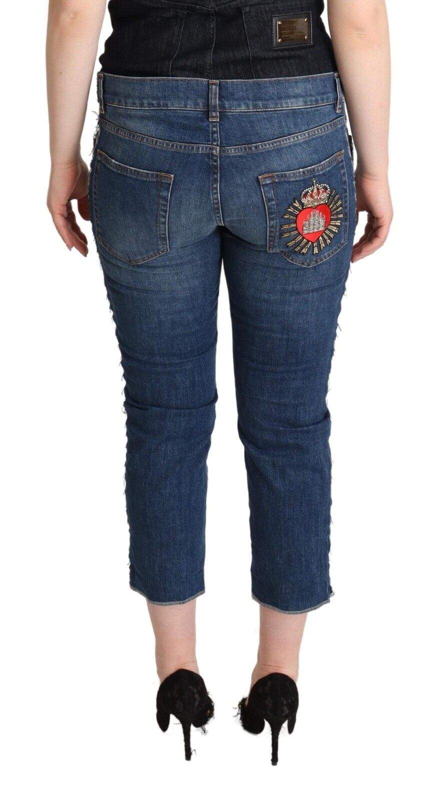 Dolce & Gabbana Blue Washed Mid Waist Denim Logo Cropped Jeans Blue, Dolce & Gabbana, feed-1, IT40|S, Jeans & Pants - Women - Clothing at SEYMAYKA