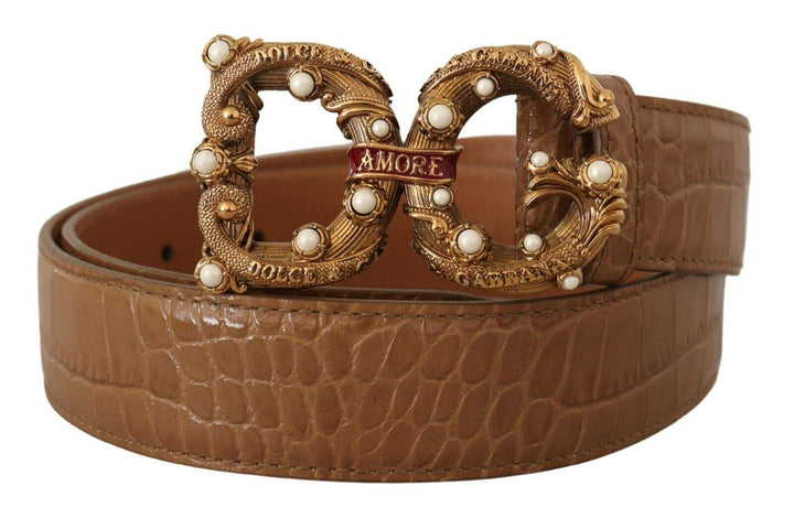 Dolce & Gabbana Brown Crocodile Pattern Leather Logo Amore  Belt 75 cm / 30 Inches, Belts - Women - Accessories, Brown, Dolce & Gabbana, feed-1 at SEYMAYKA