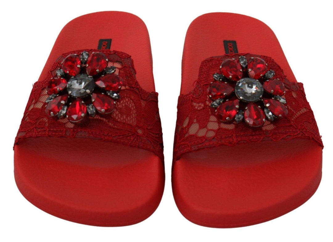 Dolce & Gabbana Red Lace Crystal Sandals Slides Beach Dolce & Gabbana, EU36/US5.5, EU37/US6.5, feed-1, Flat Shoes - Women - Shoes, Red at SEYMAYKA