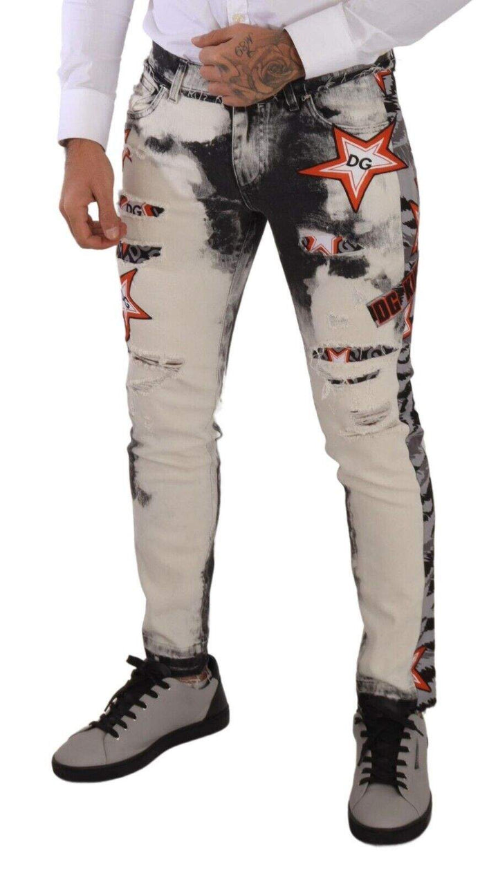 Dolce & Gabbana White Black Cotton Distressed Skinny Denim Jeans #men, Black/White, Dolce & Gabbana, feed-1, IT48 | M, Jeans & Pants - Men - Clothing at SEYMAYKA