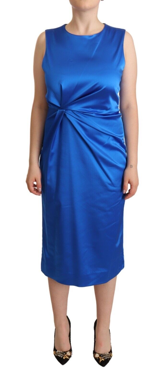 P.A.R.O.S.H. Blue Acetate Sleeveless Pleated Midi Sheath Dress