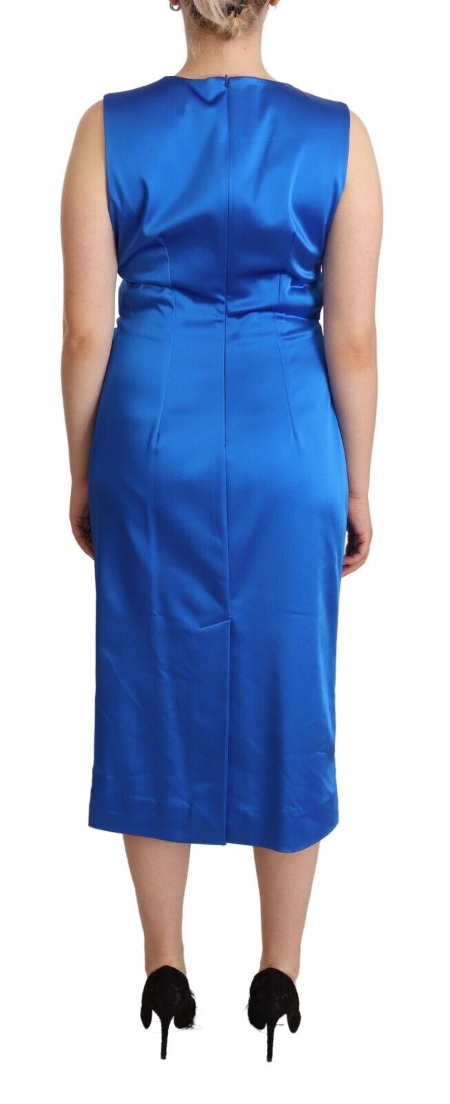 P.A.R.O.S.H. Blue Acetate Sleeveless Pleated Midi Sheath Dress