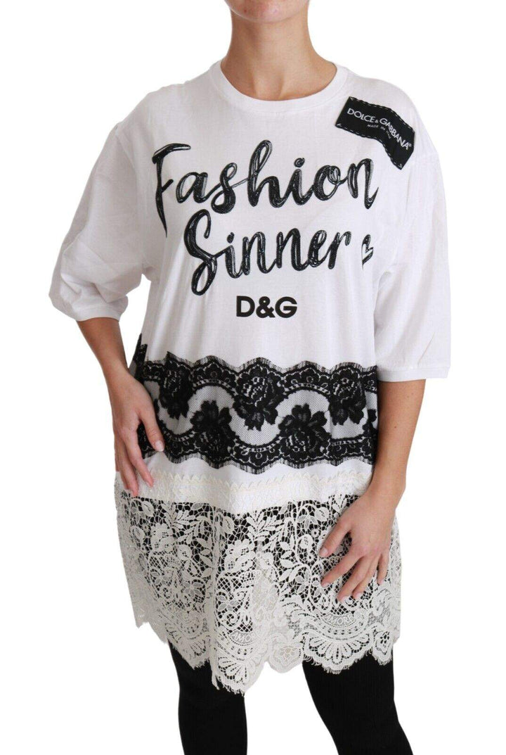 Dolce & Gabbana White Fashion Sinner Cotton Lace T-shirt Top Black/White, Dolce & Gabbana, feed-1, IT38|XS, IT40|S, IT42|M, IT46|XL, IT48|XXL, Tops & T-Shirts - Women - Clothing at SEYMAYKA