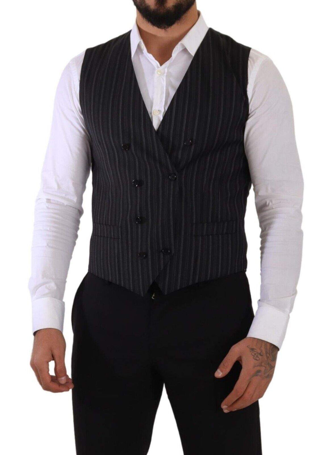 Dolce & Gabbana Gray Striped Double Breasted Waistcoat Vest #men, Black and Gray, Dolce & Gabbana, feed-1, IT48 | M, Vests - Men - Clothing at SEYMAYKA