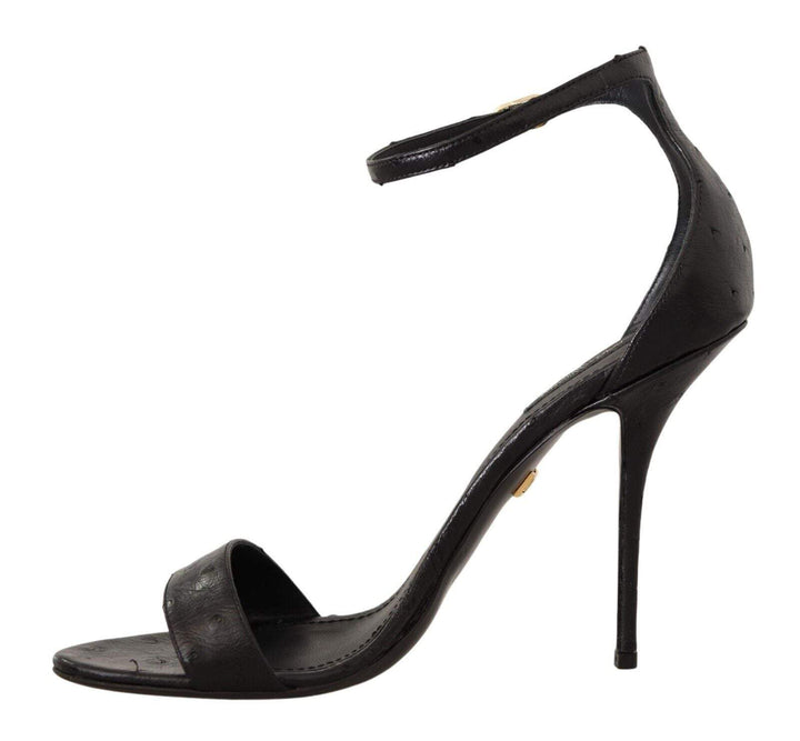 Dolce & Gabbana Black Ostrich Ankle Strap Heels Sandals Shoes Black, Dolce & Gabbana, EU41/US10.5, feed-1, Sandals - Women - Shoes at SEYMAYKA