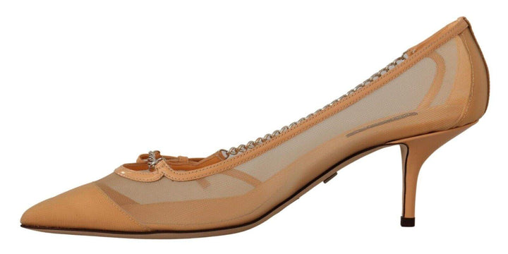 Dolce & Gabbana Peach Mesh Leather Chains Heels Pumps Shoes Beige, Dolce & Gabbana, EU39/US8.5, feed-1, Pumps - Women - Shoes at SEYMAYKA