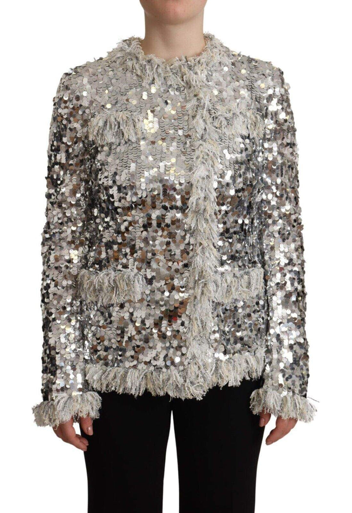 Dolce & Gabbana Silver Sequined Shearling Long Sleeves Jacket Dolce & Gabbana, feed-1, IT40|S, Jackets & Coats - Women - Clothing, Silver at SEYMAYKA