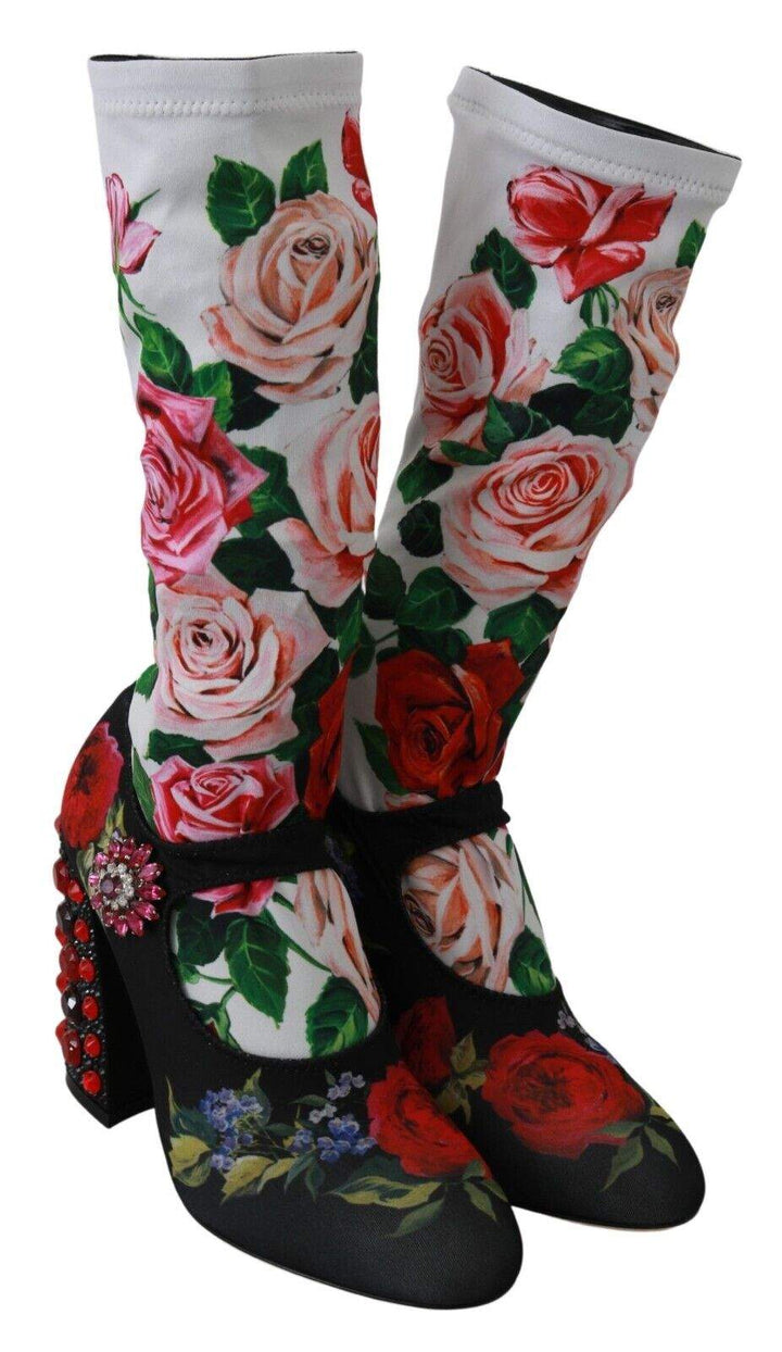 Dolce & Gabbana Black Floral Socks Crystal Jersey Boots Boots - Women - Shoes, Dolce & Gabbana, EU38/US7.5, feed-1, Multicolor at SEYMAYKA