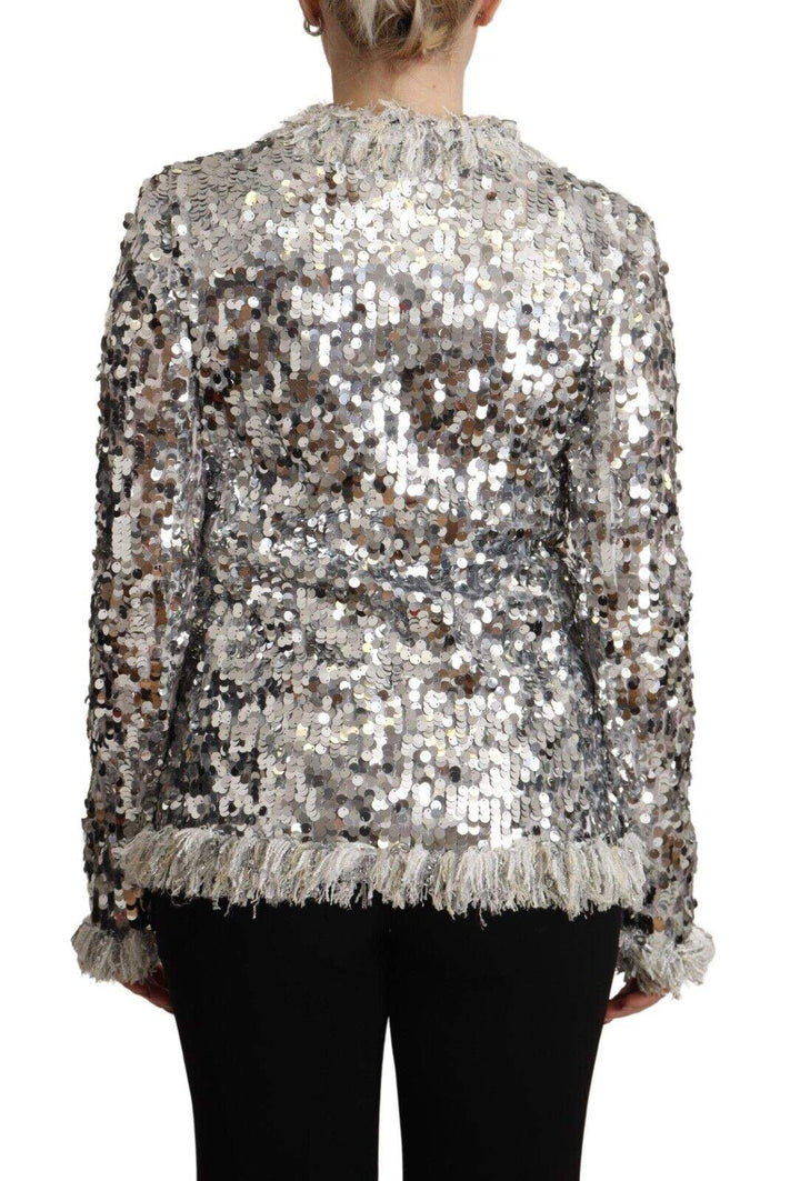 Dolce & Gabbana Silver Sequined Shearling Long Sleeves Jacket Dolce & Gabbana, feed-1, IT40|S, Jackets & Coats - Women - Clothing, Silver at SEYMAYKA