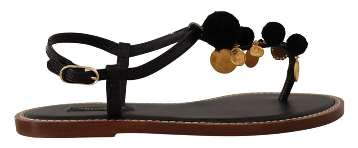 Dolce & Gabbana Black Leather Coins Flip Flops Sandals Dolce & Gabbana, EU36.5/US6, feed-1, Flat Shoes - Women - Shoes, Gold Black at SEYMAYKA