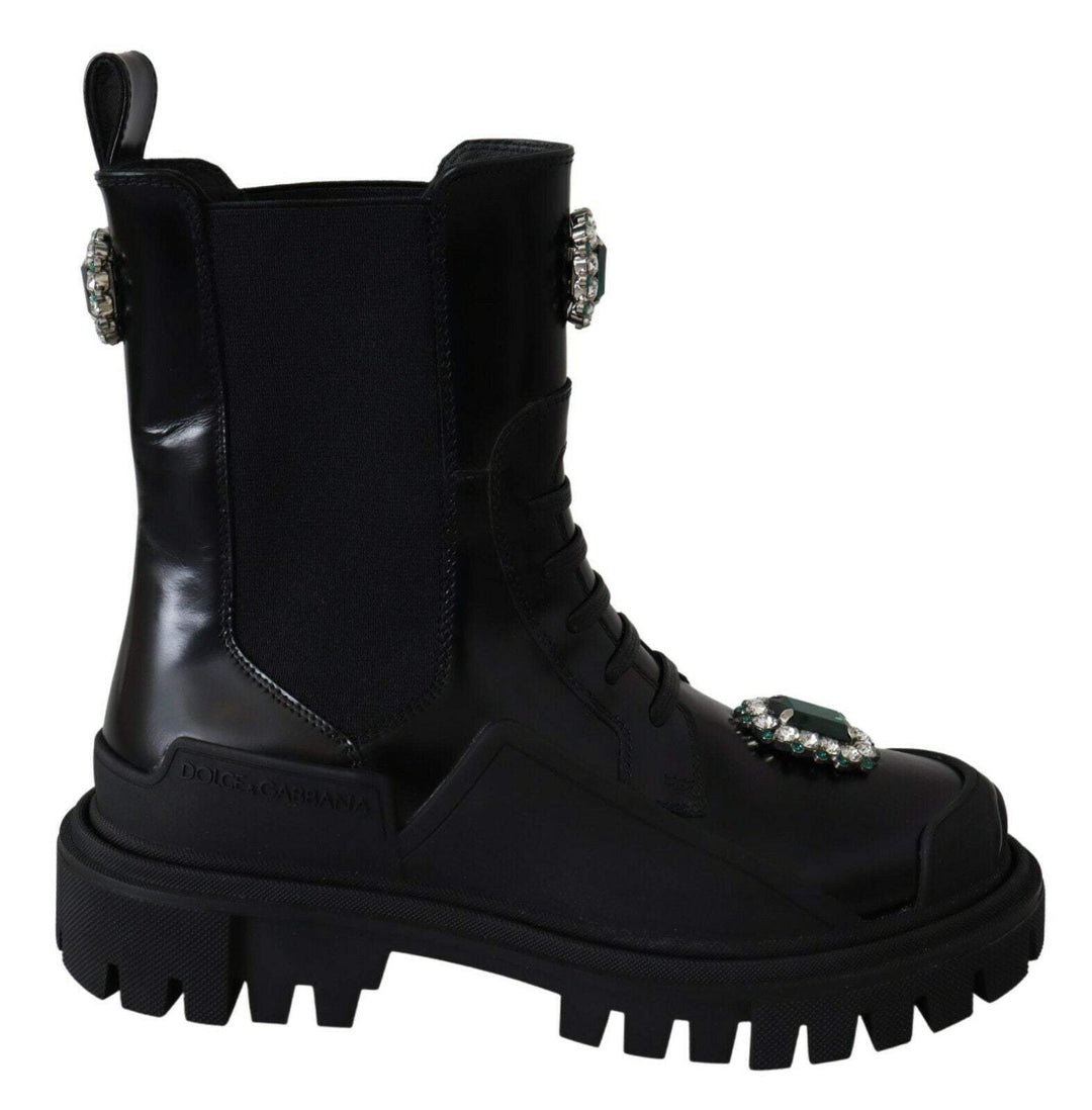 Dolce & Gabbana Black Leather Crystal Combat Boots Black, Boots - Women - Shoes, Dolce & Gabbana, EU35/US4.5, feed-1, Shoes - New Arrivals at SEYMAYKA