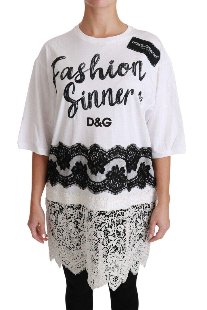 Dolce & Gabbana White Fashion Sinner Cotton Lace T-shirt Top Black/White, Dolce & Gabbana, feed-1, IT38|XS, IT40|S, IT42|M, IT46|XL, IT48|XXL, Tops & T-Shirts - Women - Clothing at SEYMAYKA