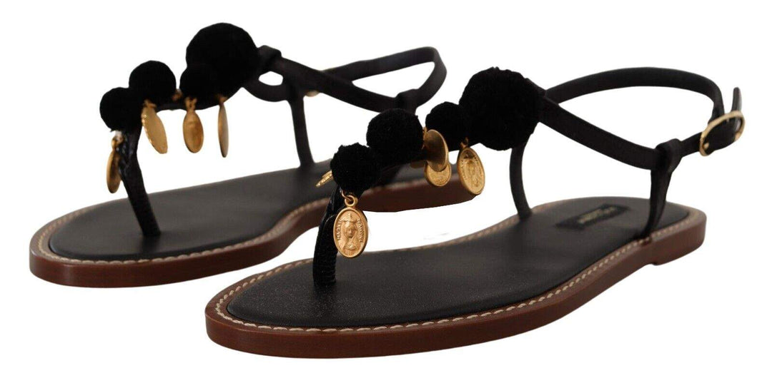 Dolce & Gabbana Black Leather Coins Flip Flops Sandals Dolce & Gabbana, EU36.5/US6, feed-1, Flat Shoes - Women - Shoes, Gold Black at SEYMAYKA