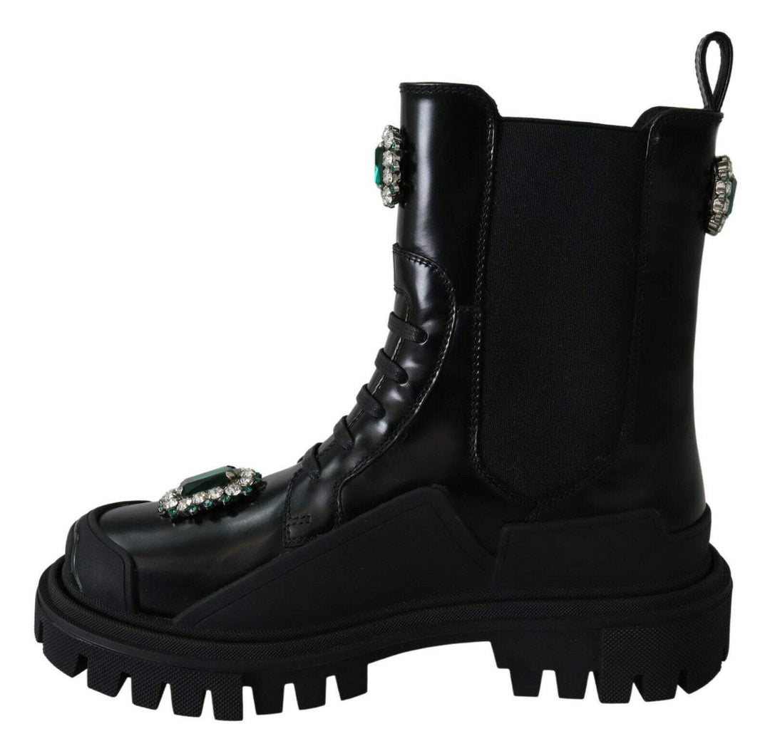 Dolce & Gabbana Black Leather Crystal Combat Boots Black, Boots - Women - Shoes, Dolce & Gabbana, EU35/US4.5, feed-1, Shoes - New Arrivals at SEYMAYKA