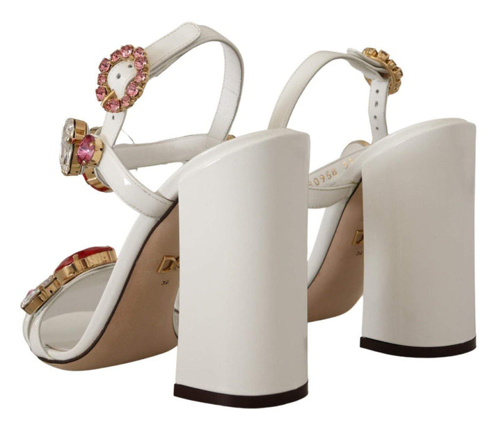 Dolce & Gabbana White Leather Crystal Keira Heels Sandals Dolce & Gabbana, EU39/US8.5, feed-1, Sandals - Women - Shoes, White at SEYMAYKA