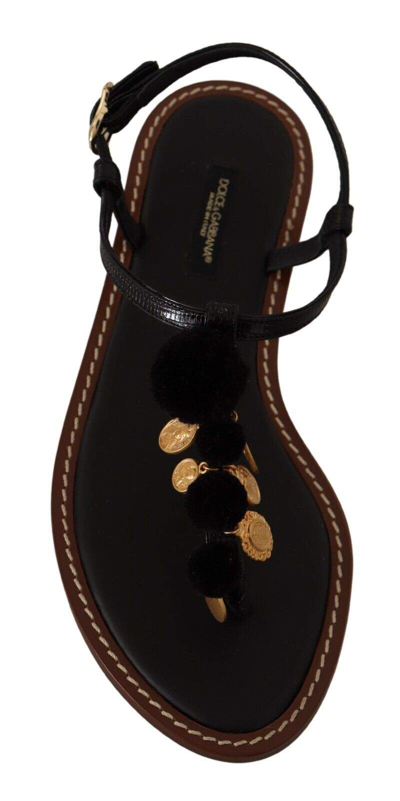 Dolce & Gabbana Black Leather Coins Flip Flops Sandals Dolce & Gabbana, EU36.5/US6, feed-1, Flat Shoes - Women - Shoes, Gold Black at SEYMAYKA