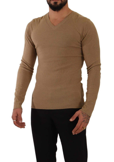 Erno Scervino Brown Wool Knit V-neck Men Pullover Sweater #men, Brown, Ermanno Scervino, feed-1, IT48 | M, Sweaters - Men - Clothing at SEYMAYKA