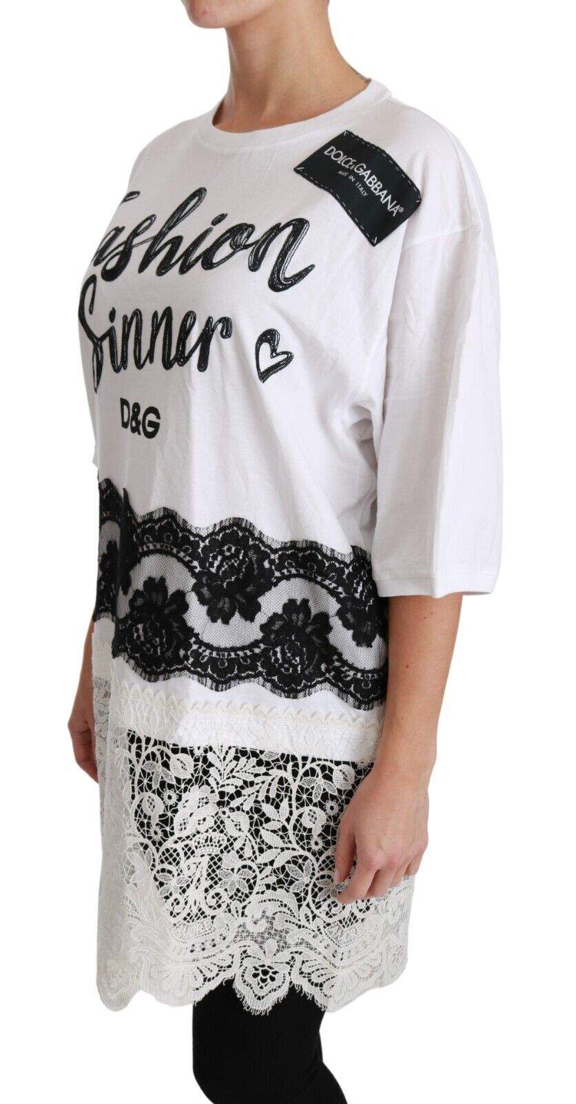 Dolce & Gabbana White Fashion Sinner Cotton Lace T-shirt Top Black/White, Dolce & Gabbana, feed-1, IT38|XS, IT40|S, IT42|M, IT46|XL, IT48|XXL, Tops & T-Shirts - Women - Clothing at SEYMAYKA