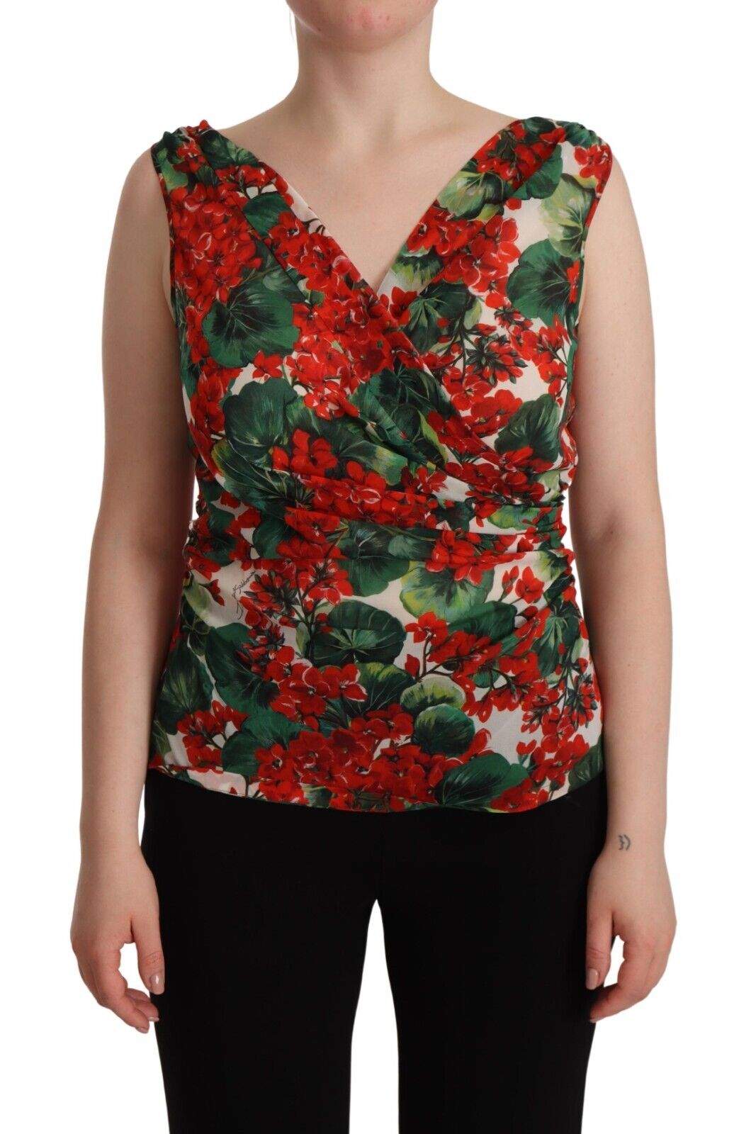 Dolce & Gabbana Multicolor Geranium Silk Sleeveless V-neck Top Dolce & Gabbana, feed-1, IT46|XL, IT48|XXL, Multicolor, Tops & T-Shirts - Women - Clothing at SEYMAYKA