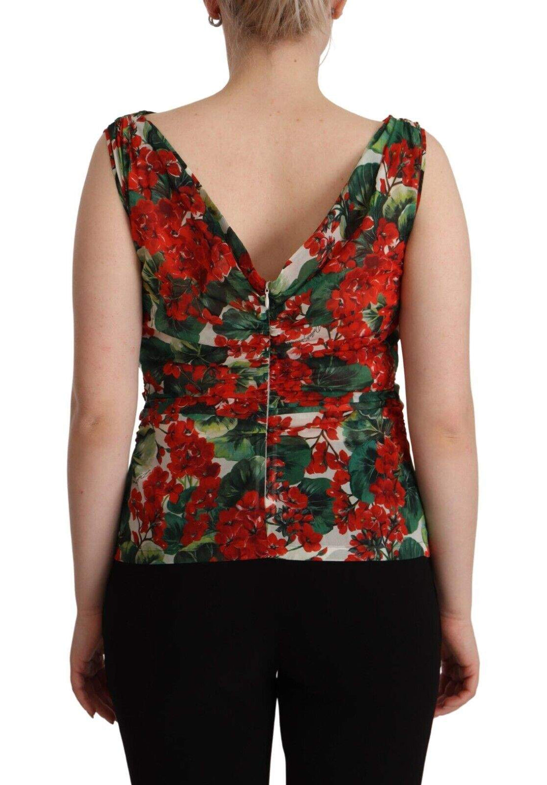 Dolce & Gabbana Multicolor Geranium Silk Sleeveless V-neck Top Dolce & Gabbana, feed-1, IT46|XL, IT48|XXL, Multicolor, Tops & T-Shirts - Women - Clothing at SEYMAYKA