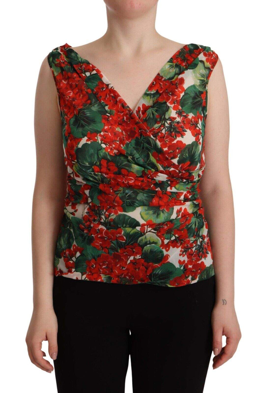 Dolce & Gabbana Multicolor Geranium Silk Sleeveless V-neck Top Dolce & Gabbana, feed-1, IT46|XL, IT48|XXL, Multicolor, Tops & T-Shirts - Women - Clothing at SEYMAYKA