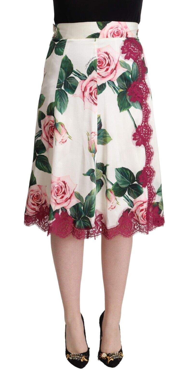 Dolce & Gabbana White Rose Print High Waist Midi A-line Skirt Dolce & Gabbana, feed-1, IT36|XXS, IT38|XS, IT40|S, IT42|M, IT44|L, IT46|XL, IT48|XXL, Skirts - Women - Clothing, White at SEYMAYKA