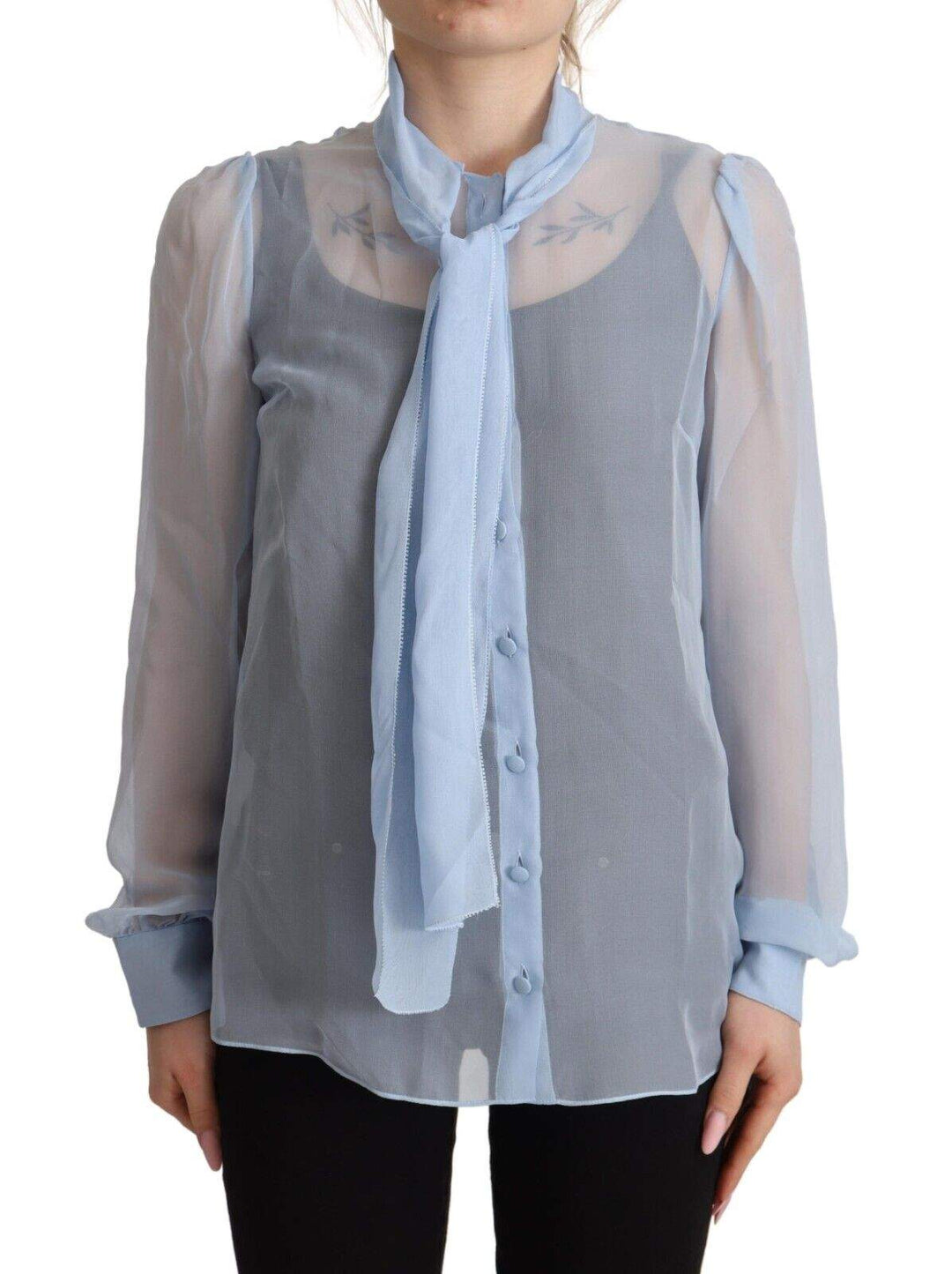 Dolce & Gabbana Light Blue Silk Ascot Collar Long Sleeves Blouse Top Dolce & Gabbana, feed-1, IT36 | XS, Light Blue, Tops & T-Shirts - Women - Clothing at SEYMAYKA