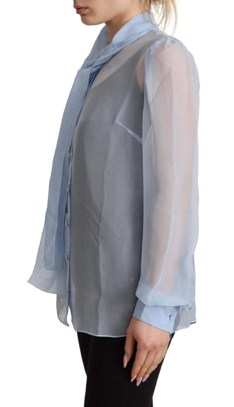 Dolce & Gabbana Light Blue Silk Ascot Collar Long Sleeves Blouse Top Dolce & Gabbana, feed-1, IT36 | XS, Light Blue, Tops & T-Shirts - Women - Clothing at SEYMAYKA