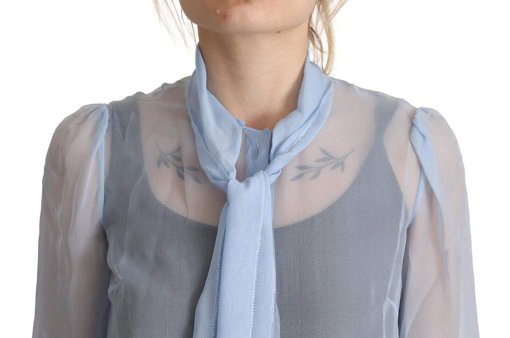 Dolce & Gabbana Light Blue Silk Ascot Collar Long Sleeves Blouse Top Dolce & Gabbana, feed-1, IT36 | XS, Light Blue, Tops & T-Shirts - Women - Clothing at SEYMAYKA