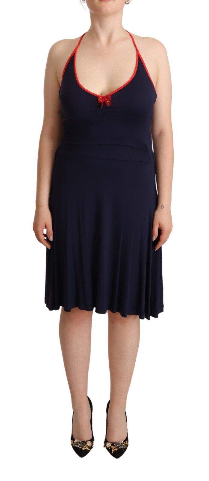 Roccobarocco Navy Blue Sleeveless Halter Sheath Midi Dress Dresses - Women - Clothing, feed-1, IT42|M, IT44|L, IT46|XL, Navy Blue, Roccobarocco at SEYMAYKA