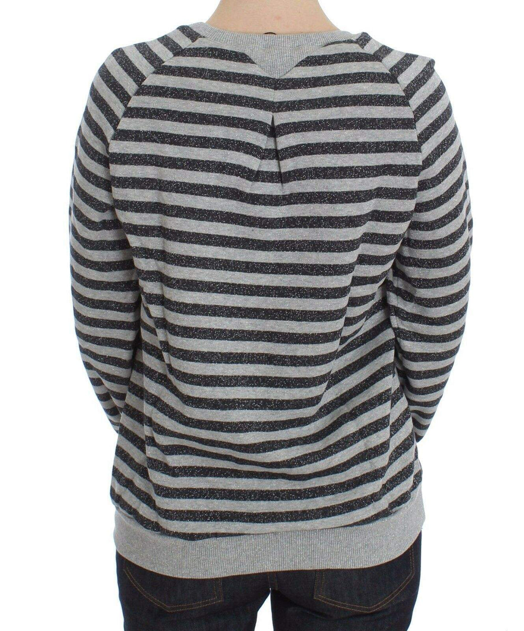 Exte Gray Striped Cotton Crewneck Sweater #women, Exte, feed-agegroup-adult, feed-color-gray, feed-gender-female, Gender_Women, Gray, IT38|XS, IT40|S, IT42|M, Slim fit logo on ches, Sweaters - Women - Clothing at SEYMAYKA