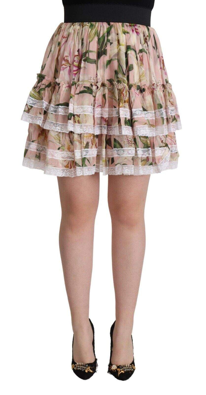 Dolce & Gabbana Pink Lily Print Silk Mini Tiered A-line Skirt Dolce & Gabbana, feed-1, IT42|M, Pink, Skirts - Women - Clothing at SEYMAYKA