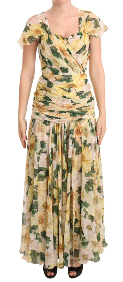 Dolce & Gabbana Yellow Silk Floral Print Pleated Max Dress Dolce & Gabbana, Dresses - Women - Clothing, feed-1, IT38|XS, Yellow at SEYMAYKA
